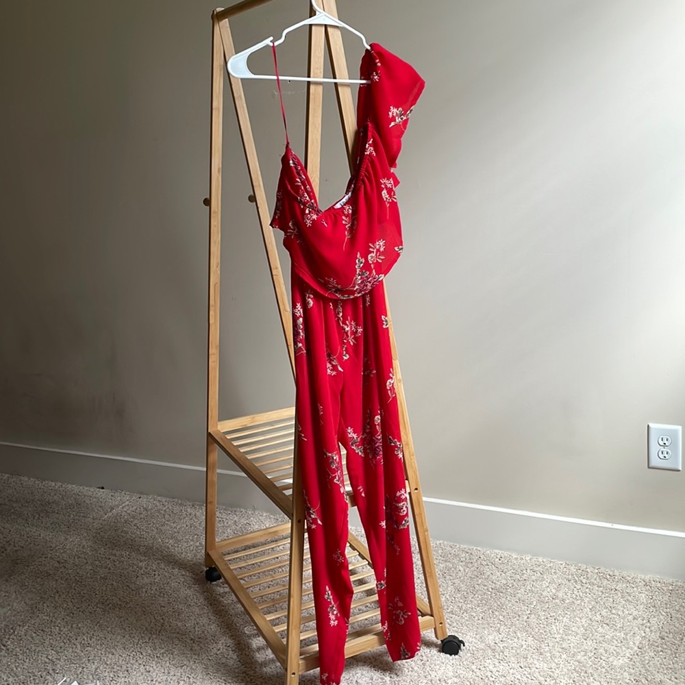 Red floral one shoulder jumpsuit